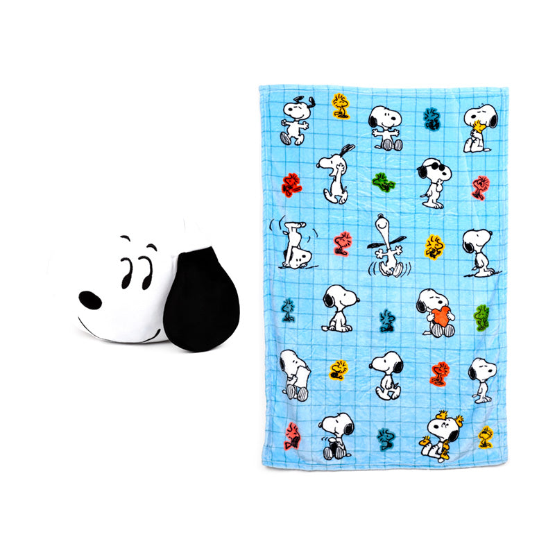 Blankeazzz Peanuts Snoopy & Woodstock Plüsch 2 in 1 Reisekissen & Decke | Offiziell Lizenziert