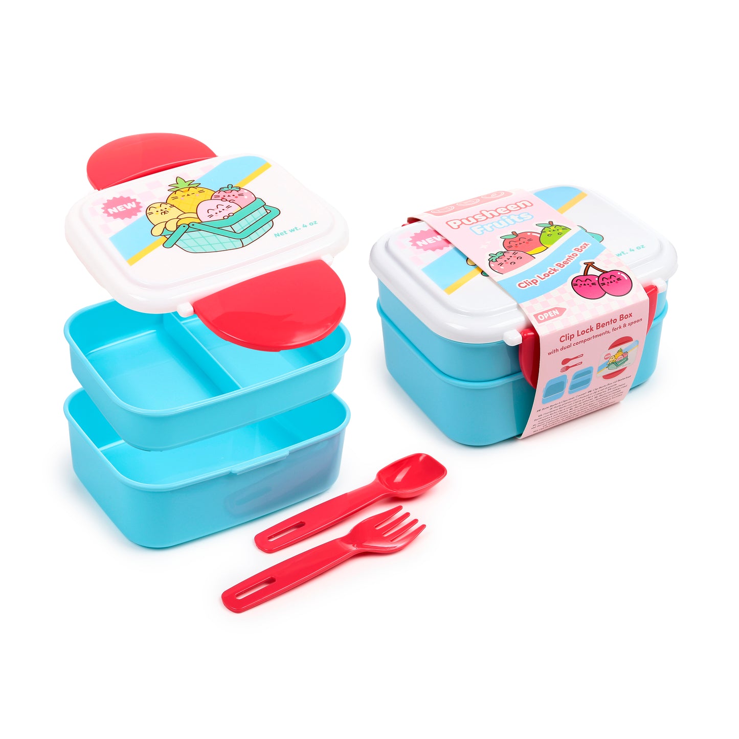 Pusheen the Cat Katze Obst Stapelbare Lunchbox mit Besteck & Clipverschluss | Offiziell Lizenziert