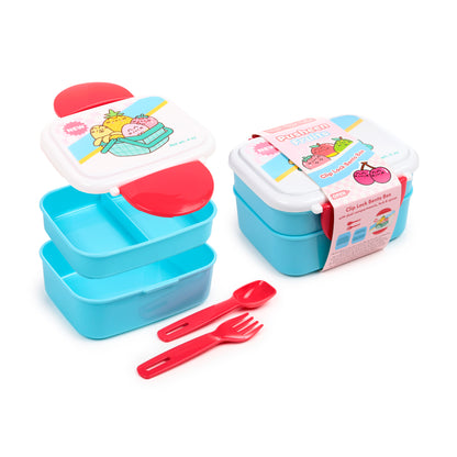 Pusheen the Cat Katze Obst Stapelbare Lunchbox mit Besteck & Clipverschluss | Offiziell Lizenziert