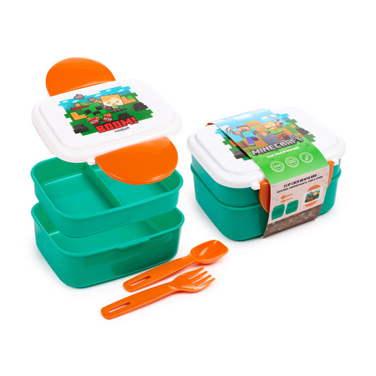 Minecraft SSS BOOM Stapelbare Bento-Lunchbox mit Besteck & Clipverschluss | Offiziell Lizenziert