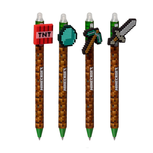 Inkredible Minecraft Werkzeuge Radierbarer Kugelschreiber mit Silikon-Topper 4er Set | Offiziell Lizenziert