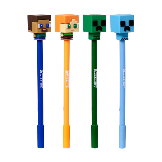Inkredible Minecraft Chibi-Stil Radierbarer Kugelschreiber mit Silikon-Topper 4er Set | Offiziell Lizenziert