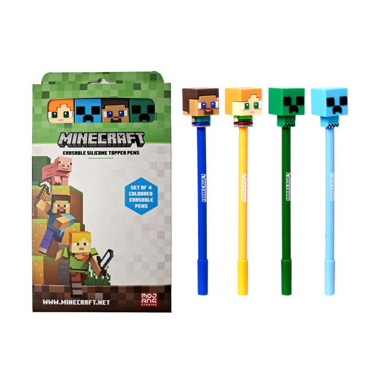 Minecraft Chibi Radierbarer Kugelschreiber mit Minecraft-Silikon-Topper 4er-Set | Offiziell Lizenziert