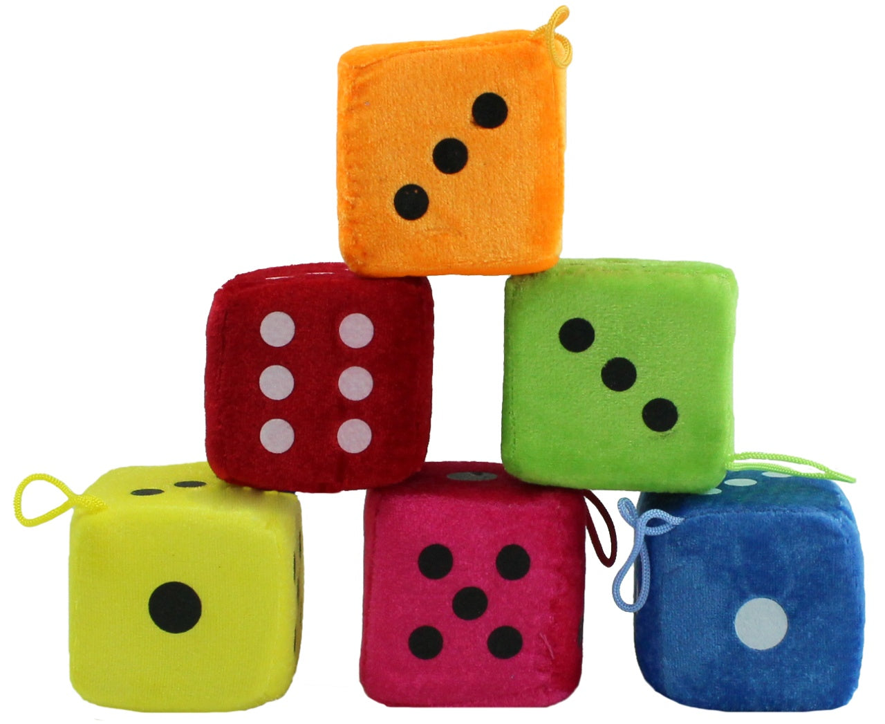 Retro Plüsch-Würfel 6er Set: Bunte Auto-Anhänger, 7cm Deko