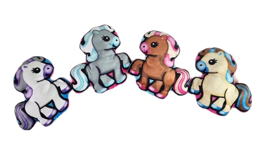 Pferde Plüschkissen 4er Set: Bunte Pony-Anhänger, 15cm Velours